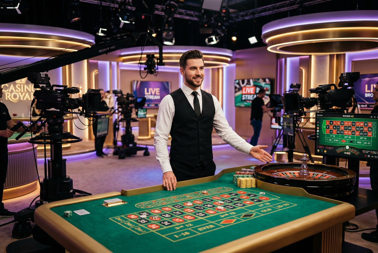 A high-tech live casino studio with a professional dealer.
