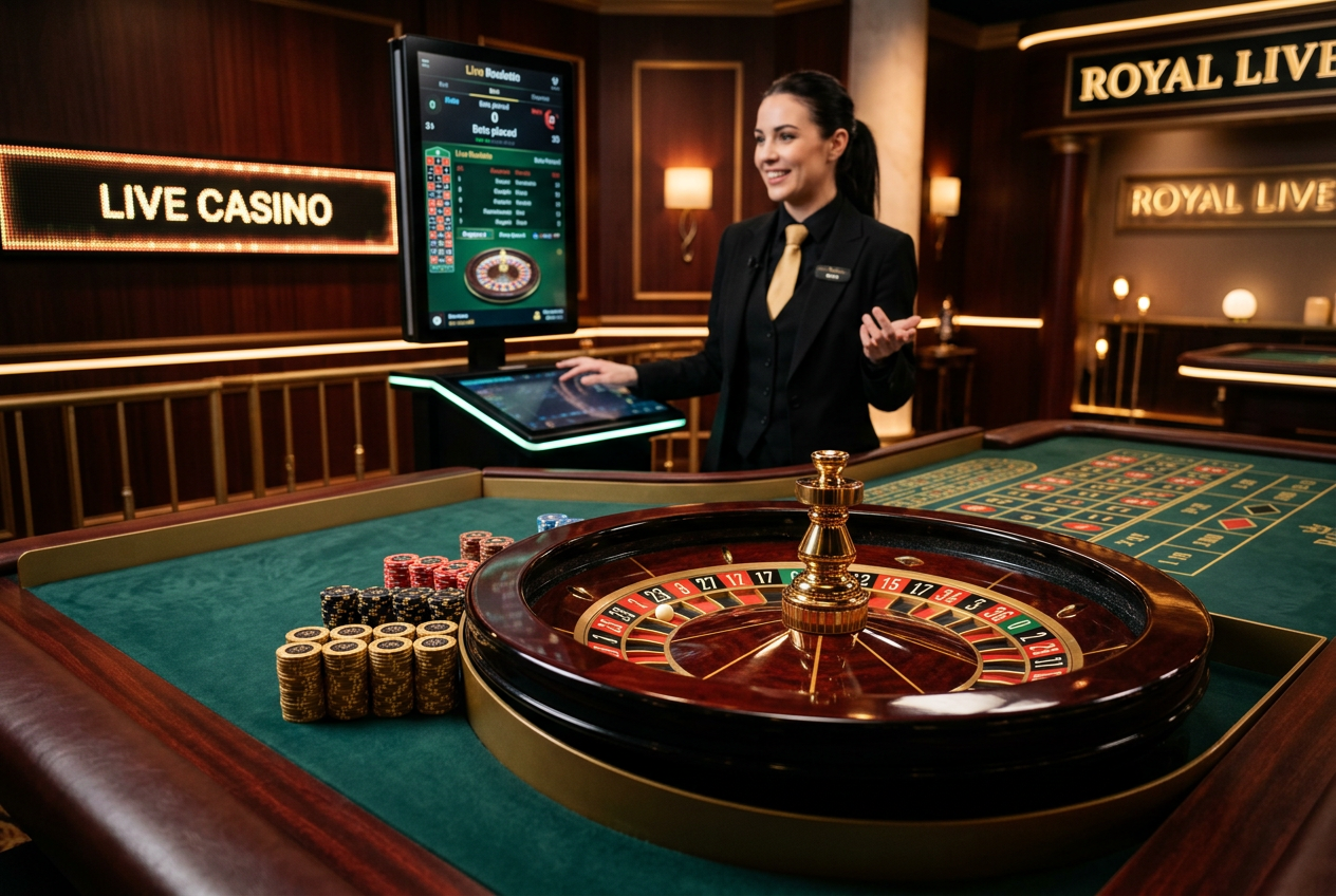 Close-up of a roulette wheel and betting chips in a high-end live casino environment