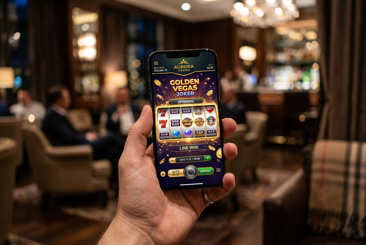 A person holding a modern smartphone displaying a luxury mobile casino app.